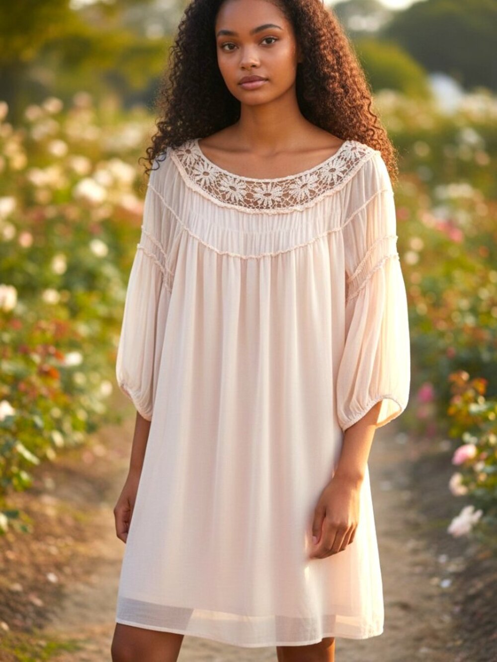 HeartSoul Cream Chiffon Top with Lace Collar - Size L
